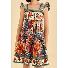 Farm Rio Off-White Tropical Yard Sleeveless Mini Dress M Boho Floral Tiered NWT