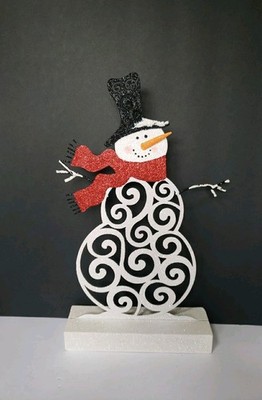 Metal Tabletop Snowman Christmas Home Decor Scroll Work Glitter 14 X 9'' Or Hang
