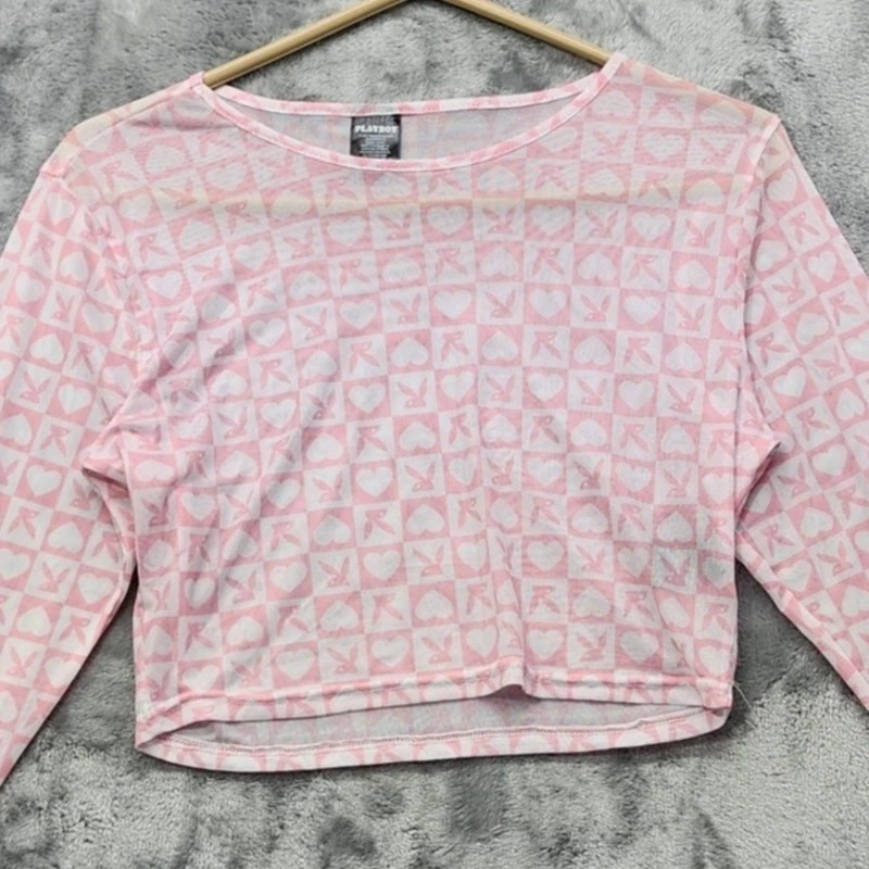 Playboy Top Mujer L/XL Rosa Blanco Todo Logo Transparente Manga Larga Pullover Corto Foto 2 de 4