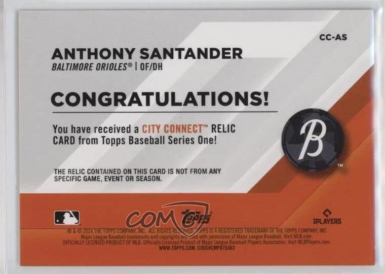 2024 Topps Series 1 City Connect Swatch Collection Black /199 Anthony Santander - Image 2 of 2