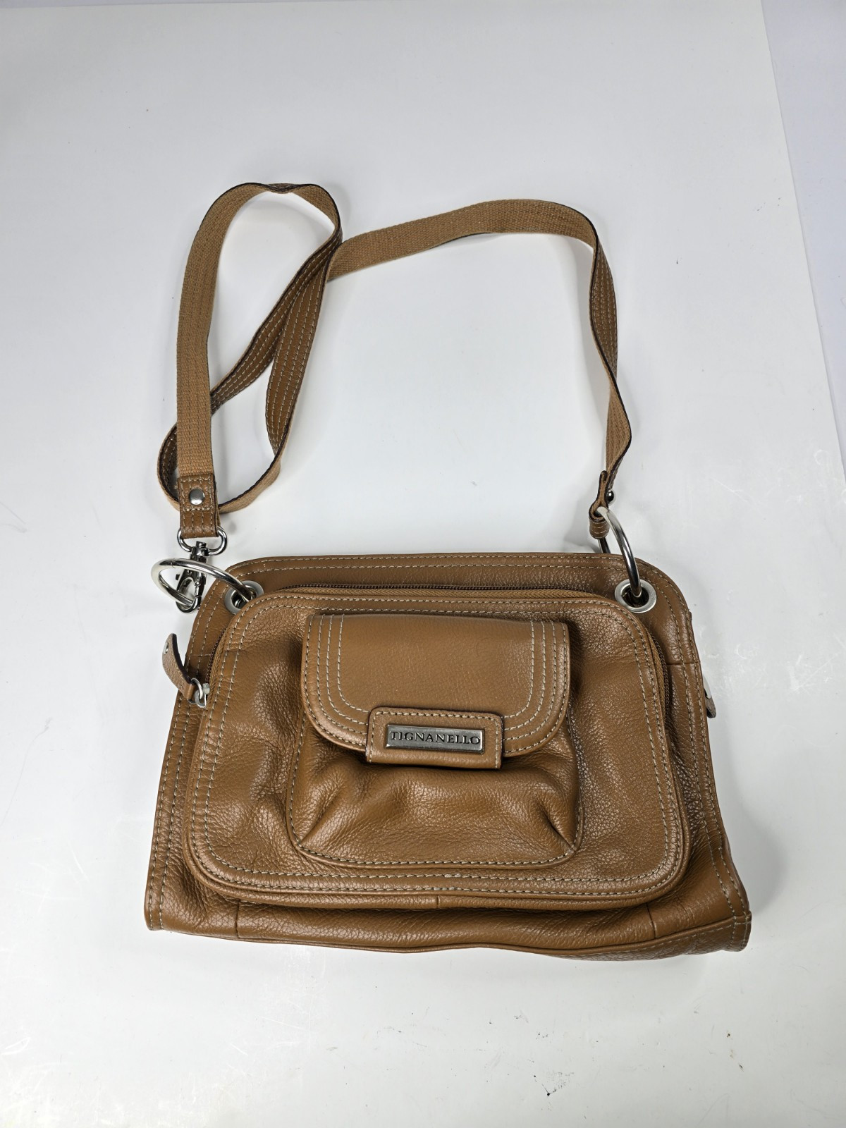 Brown genuine leather Tignanello satchel with front flap pocket