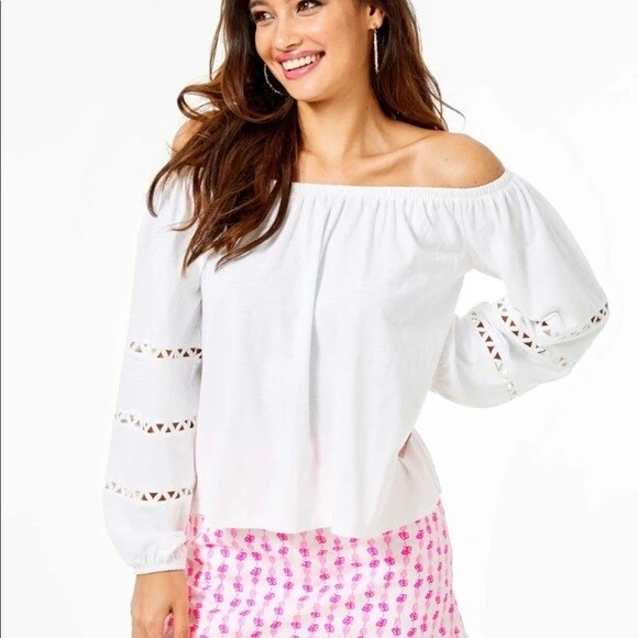 NUEVO CON ETIQUETAS Blusa Top Lilly Pulitzer Katt Hombro Descubierto Resort Blanco Recorte Encaje Talla XL
