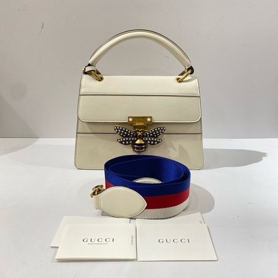 Gucci Queen Margaret White Pearl Bee Leather Top Handle Crossbody Bag
