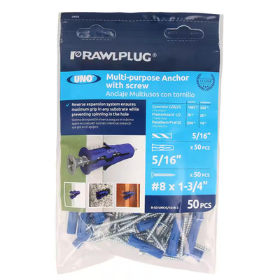 Uno Multi-Purpose Drywall Anchors 5/16 with Screws #9 X 1-3/4 20 Lbs. (Pack of 5