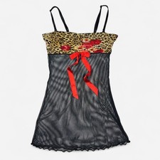 Vintage Donna Loren Black Mesh Leopard Print Lingerie Top/Slip Dress