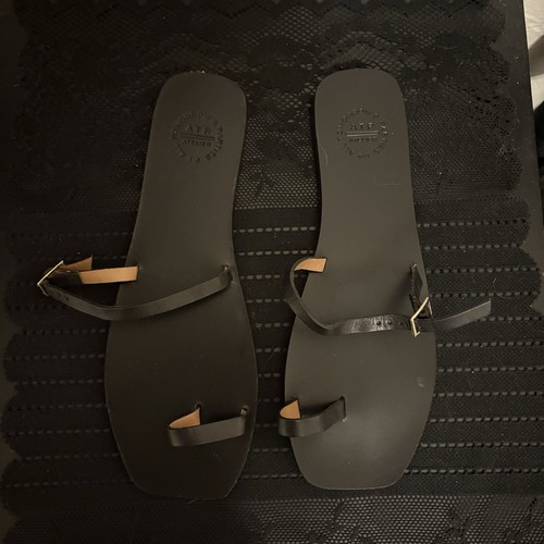 ATP Atelier Black Leather Womens Strappy Flat Sandals Buckle Logo size 8