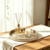 Serviertablett Rund PU Leder Beige Deko Tablett Wohnzimmer Organizer Ø 30 Cm