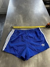 adidas shiny nylon sprinter shorts vintage 32” Blue White West Germany Glanz