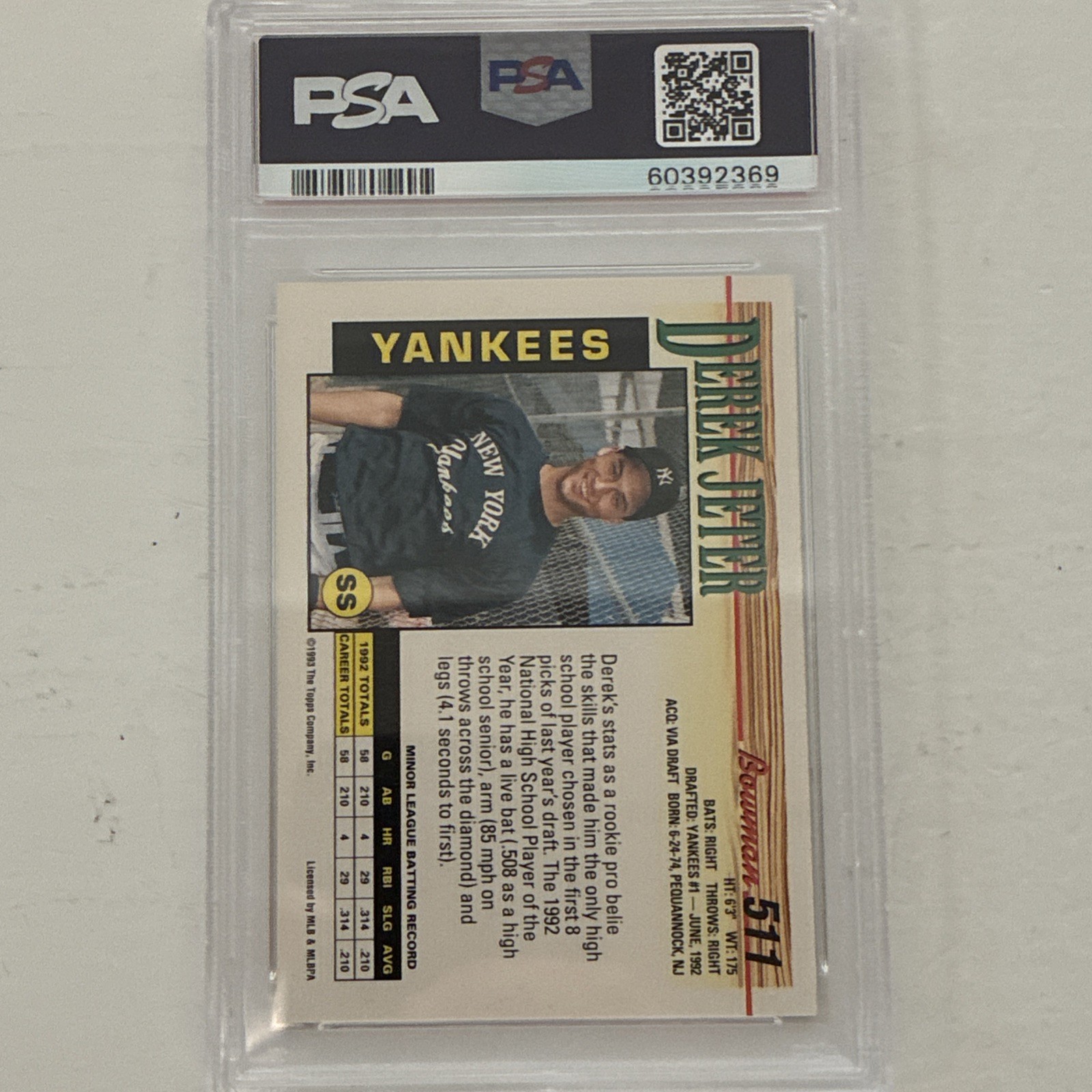 1993 Bowman Derek Jeter Rookie Card #511 PSA 9 Mint New York Yankees HOF Rookie view 10