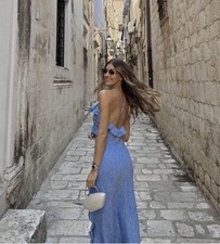 Zara Light Blue 55% Linen Midi Ruffled Strap Dress Open Back Size S Bloggers