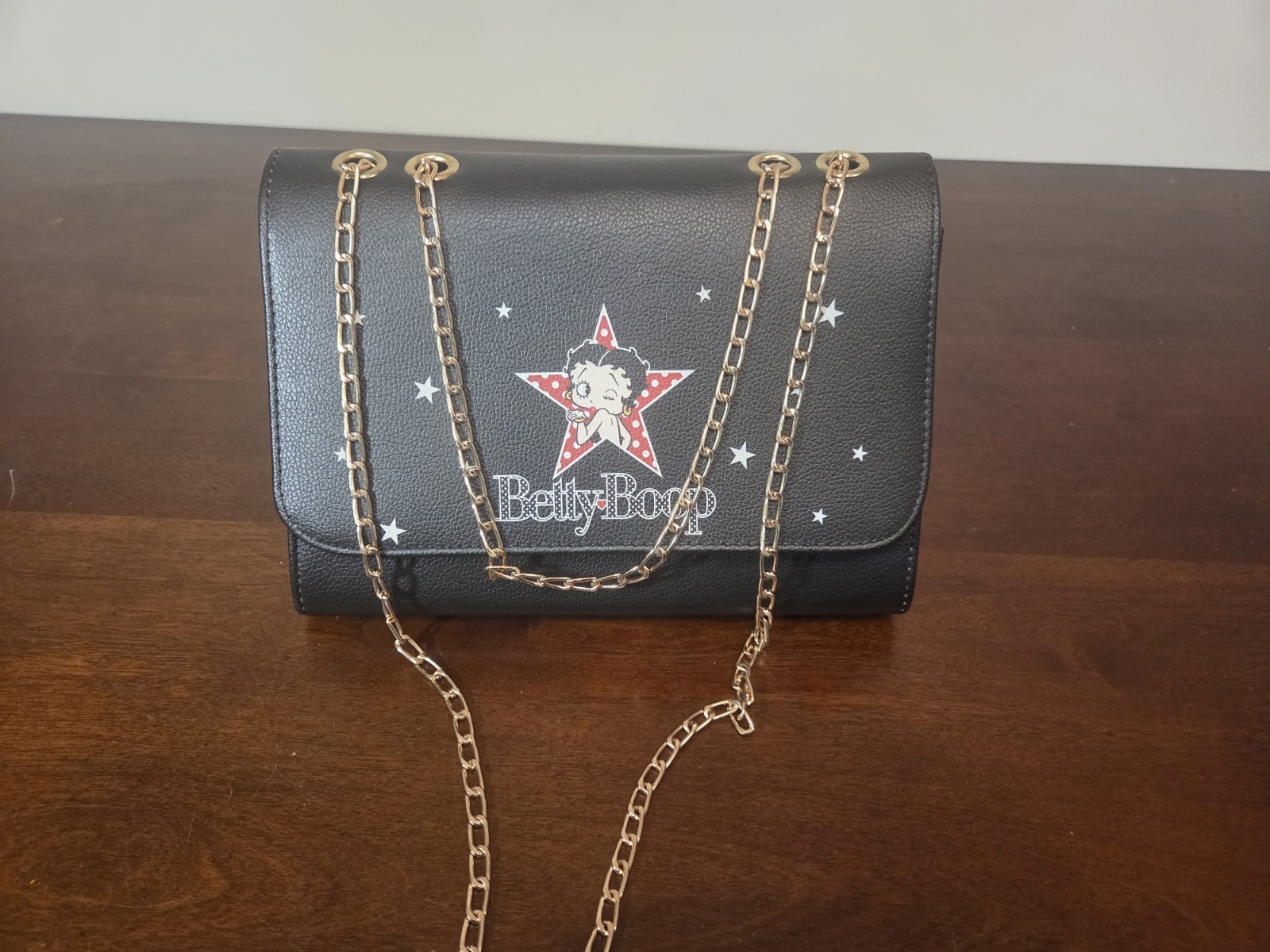 Betty Boop Shoulder Bag Black Faux Leather Gold Chain Strap Crossbody Purse Star