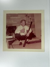 FOUND PHOTO Midcentury Man Dad With Drink And Gun 1956 MCM Fireplace