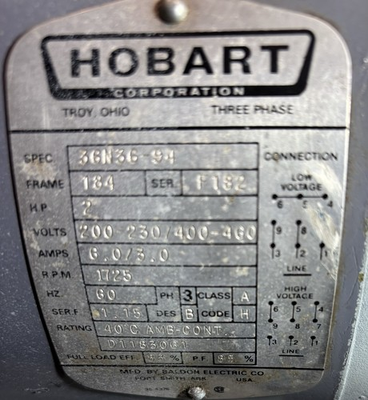 #ad #ad 2HP Hobart Motor 3 PH 1725 RPM 184 FRM Used Refurbished $550.00