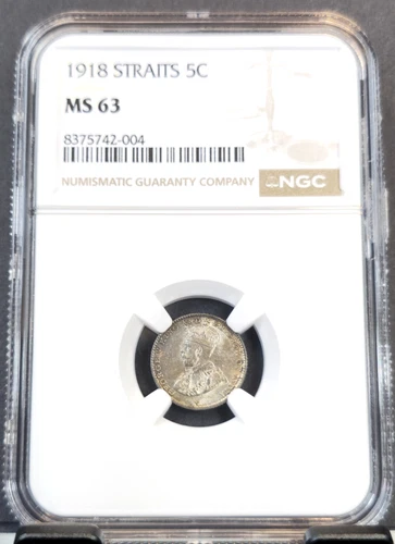 1918 STRAITS SETTLEMENTS SILVER 5 CENTS GEORGE V NGC MS 63 RARE MINT STATE