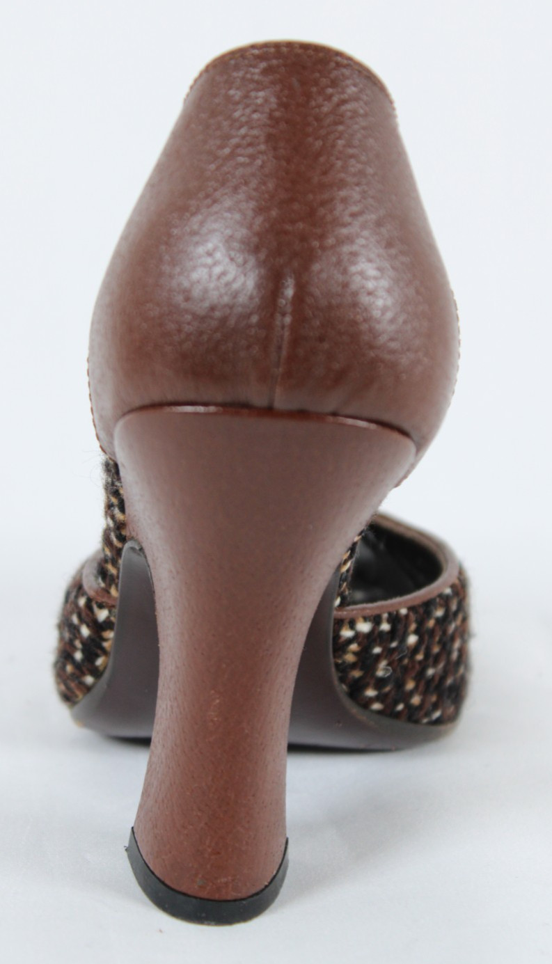 PRADA Vintage Brown Leather & Tweed Peep-Toe D'Orsay Curved Heels Pumps 38 thumbnail 6