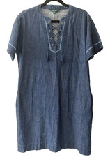 Lauren Ralph Lauren Dress Womens 10 Dark Wash Jean Embroidered Lace Up Denim