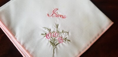 IRENE name embroidered pink bouquet flowers WEDDING BRIDAL HANDKERCHIEF Hankie