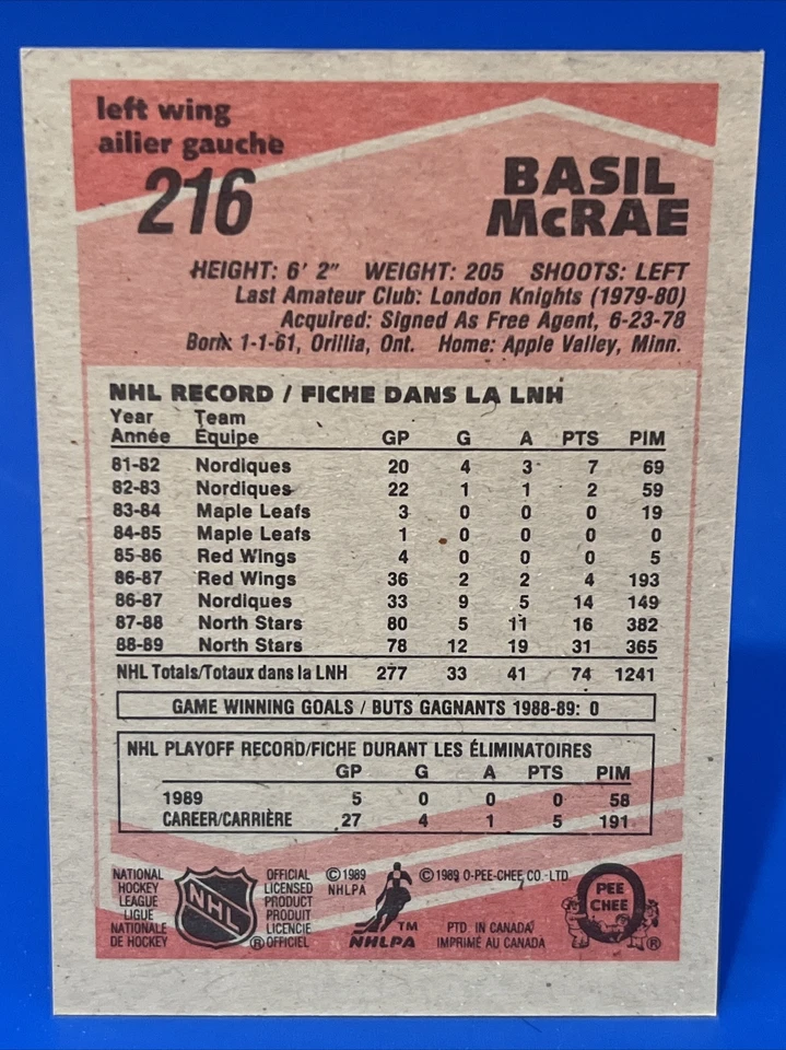 1989-90 O-Pee-Chee Basil McRae Rookie Card #216 Minnesota North Stars RC Sharp! - Image 2 of 2