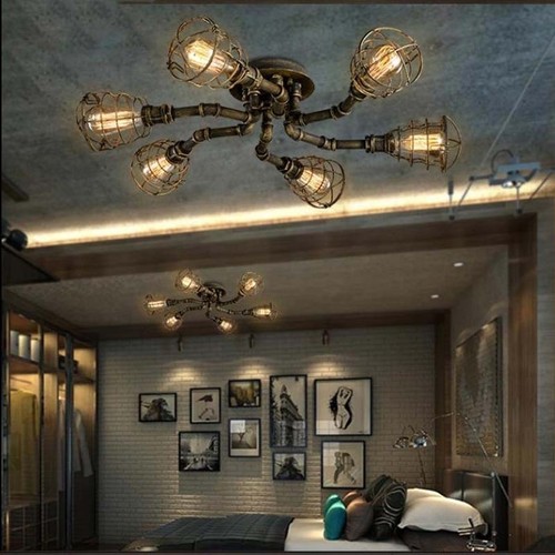 Industrial Antique Metal Cage Semi Flush Ceiling Chandelier Light Steampunk Lamp - Picture 7 of 11