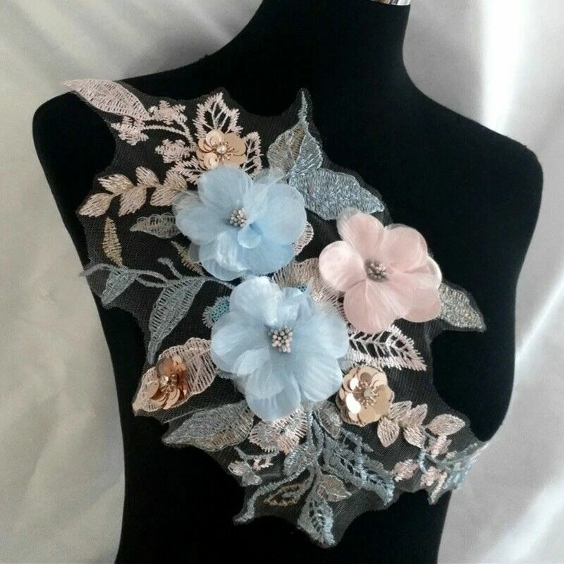 Embroidered Appliques Floral Patch Lace Mesh Sequin Shiny for Wedding Dress Chic - Image 3 of 4