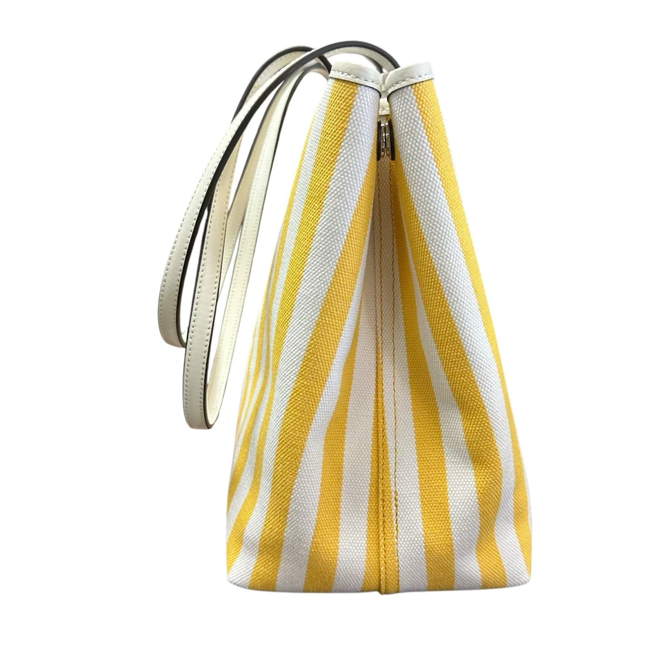 NUEVO CON ETIQUETAS BOLSO DE MANO KATE SPADE NEW YORK STREET AMARILLO BLANCO LONA A RAYAS CUERO Foto 2 de 4