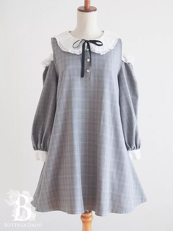 🌹Ank Rouge🌹Cold Shoulder A-line Dress Glen Check Gray Romantic Japan G328