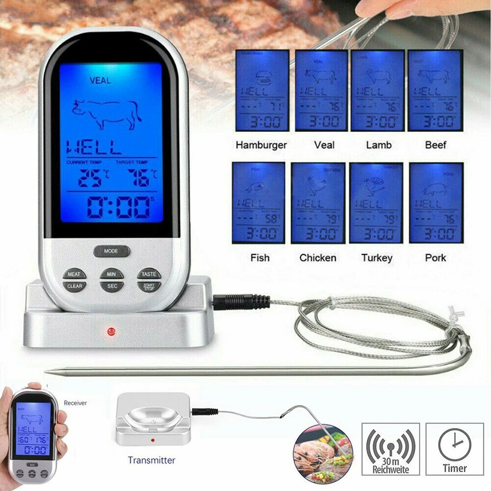 Digitales Bratenthermometer Funk Grillthermometer Fleisch-Thermometer Wireless - Bild 2 von 4