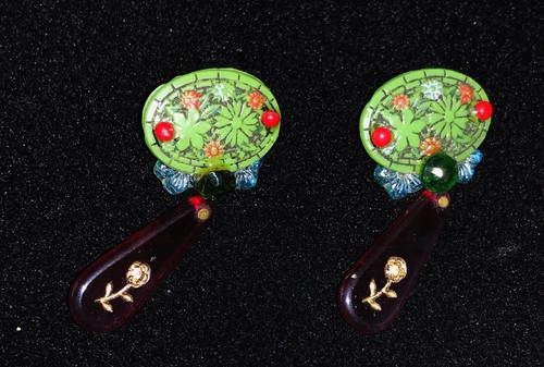 HOTCAKES DESIGN Red and Green Button Earrings With Dangle, Hand Cast Resin - Picture 4 of 6