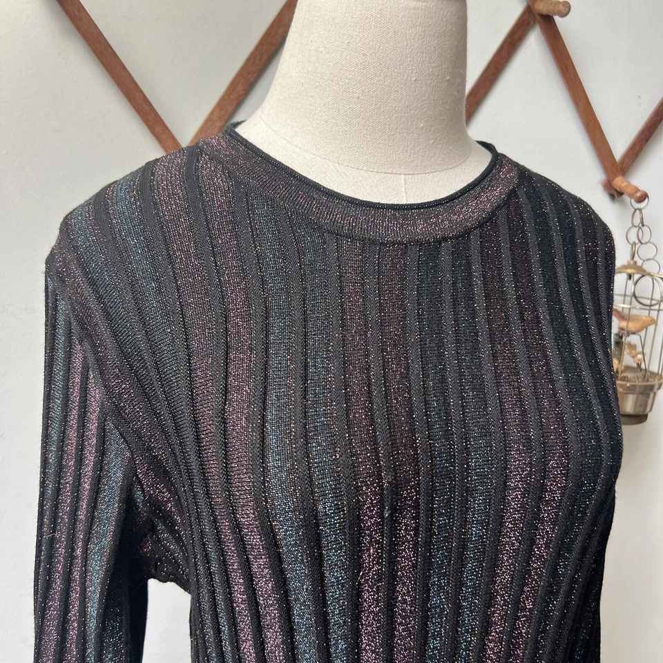 Vestido Suéter Nanette Lepore Metálico Rayas Acanalado Tejido Ajuste y Acampanado Grande Foto 3 de 4