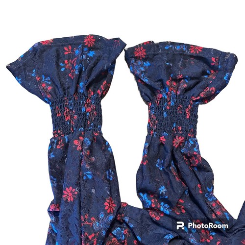 Disney Princess Juniors Blue Empire Mulan Red Floral Long Sheer Sleeve Dress XS - Picture 8 of 11