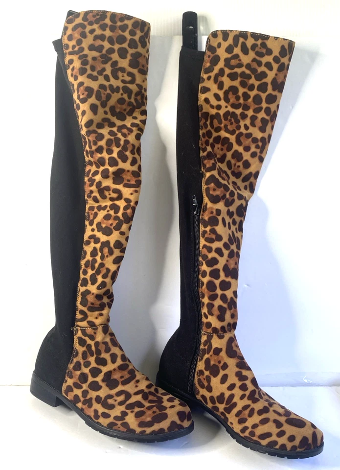 Bota de Bambú 6.5 M Plana Marrón Guepardo Elastizada Imitación Gamuza Hasta la Rodilla Cremallera al Tobillo Foto 2 de 4