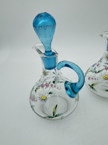 Bohemian Hand Enameled Floral & Clear Blown Crystal / Glass Cruet Set - Picture 3 of 7