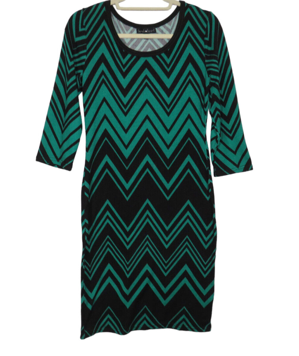 Derek Heart Women's Green Black Chevron Lightweight Sweater Bodycon Dress  Sz L