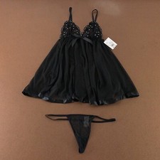 Babydoll Thong Womens Black Lacey Lace Sweetheart Lingerie Intimate Set M New