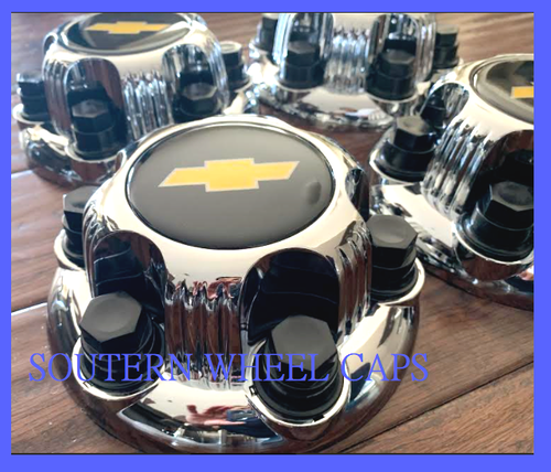 4pcs. Chrome Chevy Silverado 1500 Tahoe 6 Lug Center Caps fr 16" 17" BLACK LOGO - Picture 2 of 2
