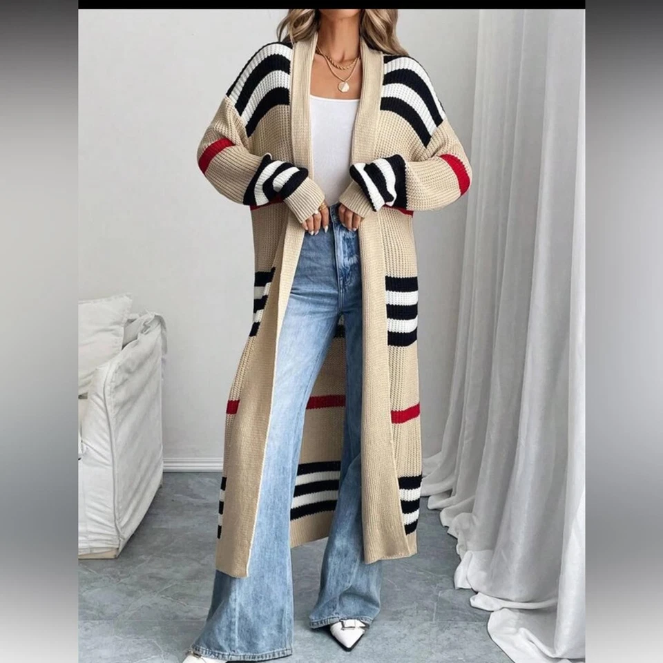 Cárdigan tejido largo Anthropologie abrigo suéter beige negro rojo rayas Foto 4 de 4