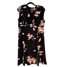 Chaps Black Pink Floral Sleeveless V Neck Faux Wrap Midi Dress Women XL