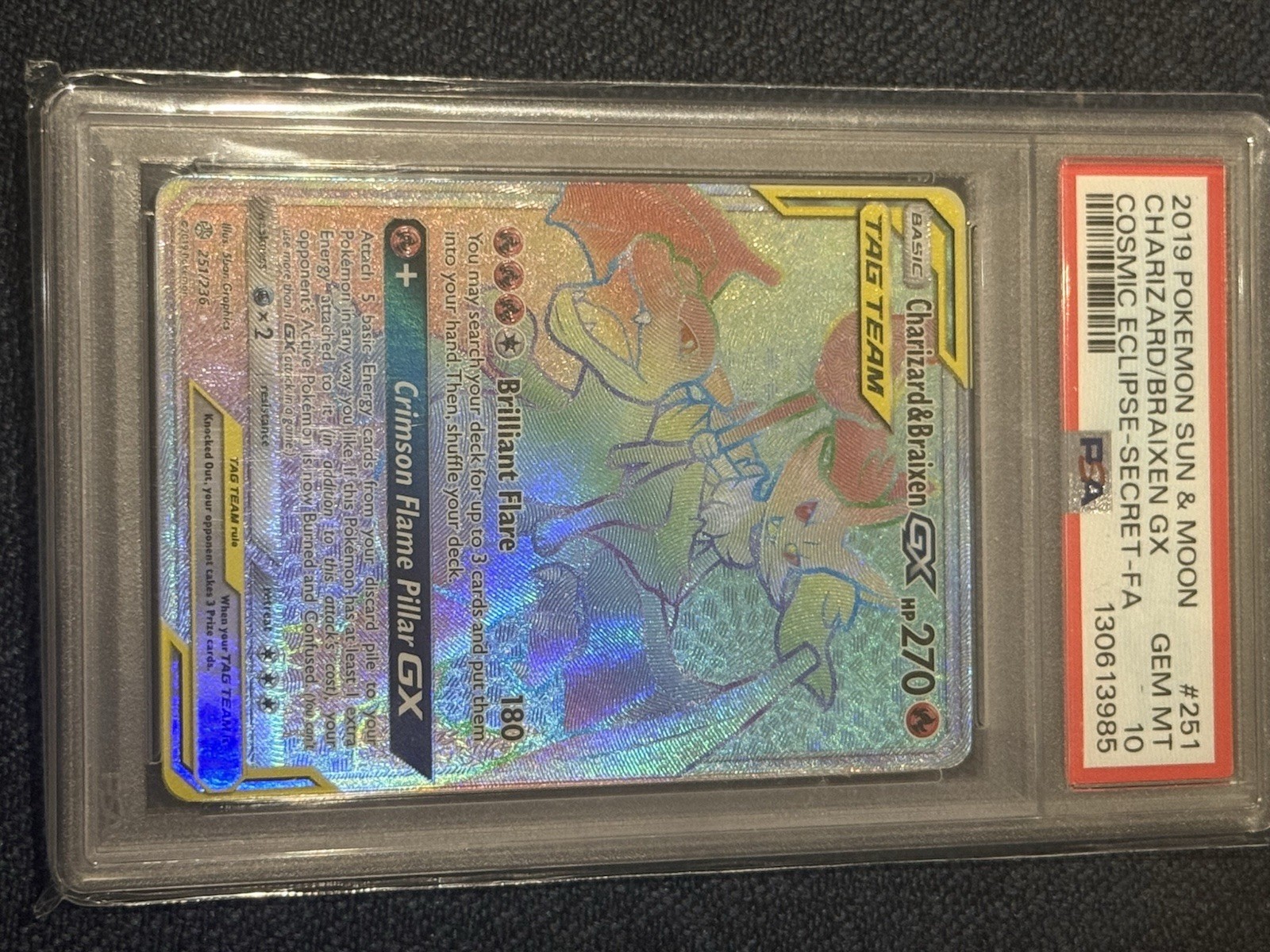 Pokemon Card Charizard Braixen GX Tag Team 251/236 Cosmic Eclipse 2019 PSA 10