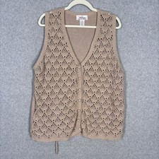 Vintage Crochet Cardigan Sweater Vest XL Tan Cottage Open Knit Granny Neutral