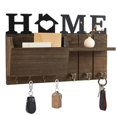 Wall Mounted Wooden Wall Key Holder Rustic Key Mail Organizer Shelf with Hooks