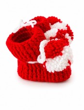 Handmade Crochet Baby Booties Red White Pom Pom Newborn Infant Shoes 0-3M