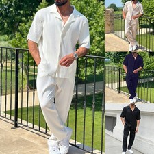 2025 Solid Color Men's Set Fashionable Casual Short-sleeved long Pants Two-piece
