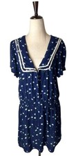 Free People Dress Medium Blue White Floral Collared Mini Retro Boho Cottagecore