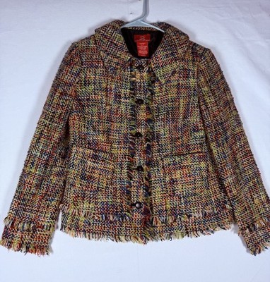 OSCAR DE LA RENTA Tweed Multi-color Fringe Jacket Size 6 Blazer Boho Jacket EUC