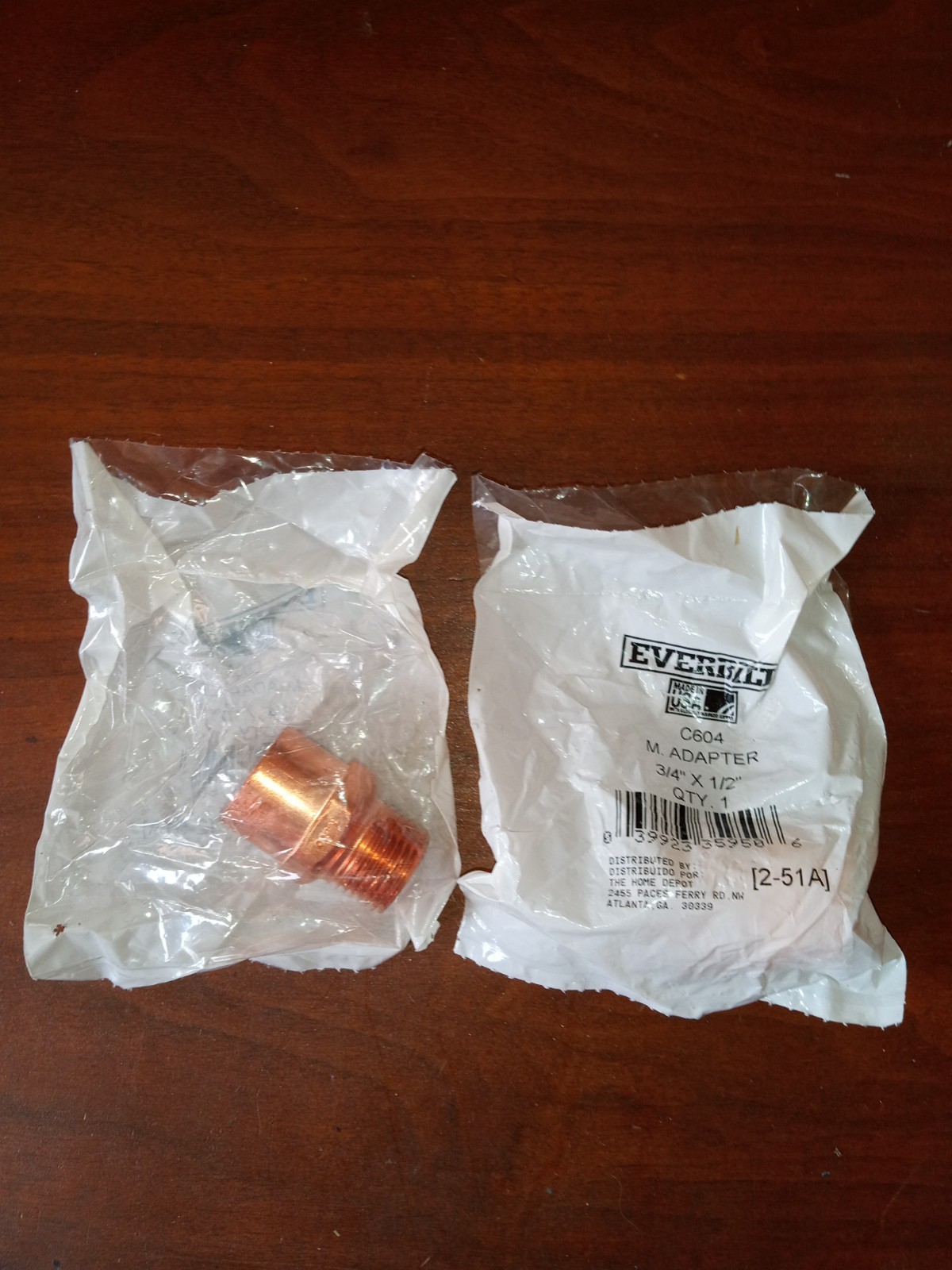 Lot of 2 New Everbilt USA C604 Male Adapter 3/4"x 1/2" Copper Plumbing Fittings