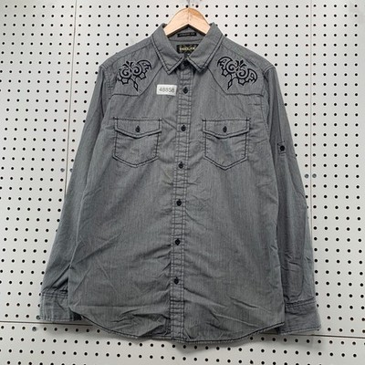 Helix Button Up Shirt Mens Medium Gray Y2K Tribal Embroidery Affliction Y2K