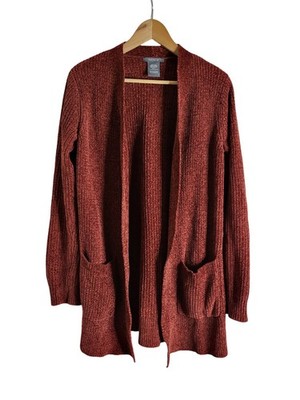 Matty M Chenille CardiganSweater Rust Red Soft Open Front W/ Pockets Size M