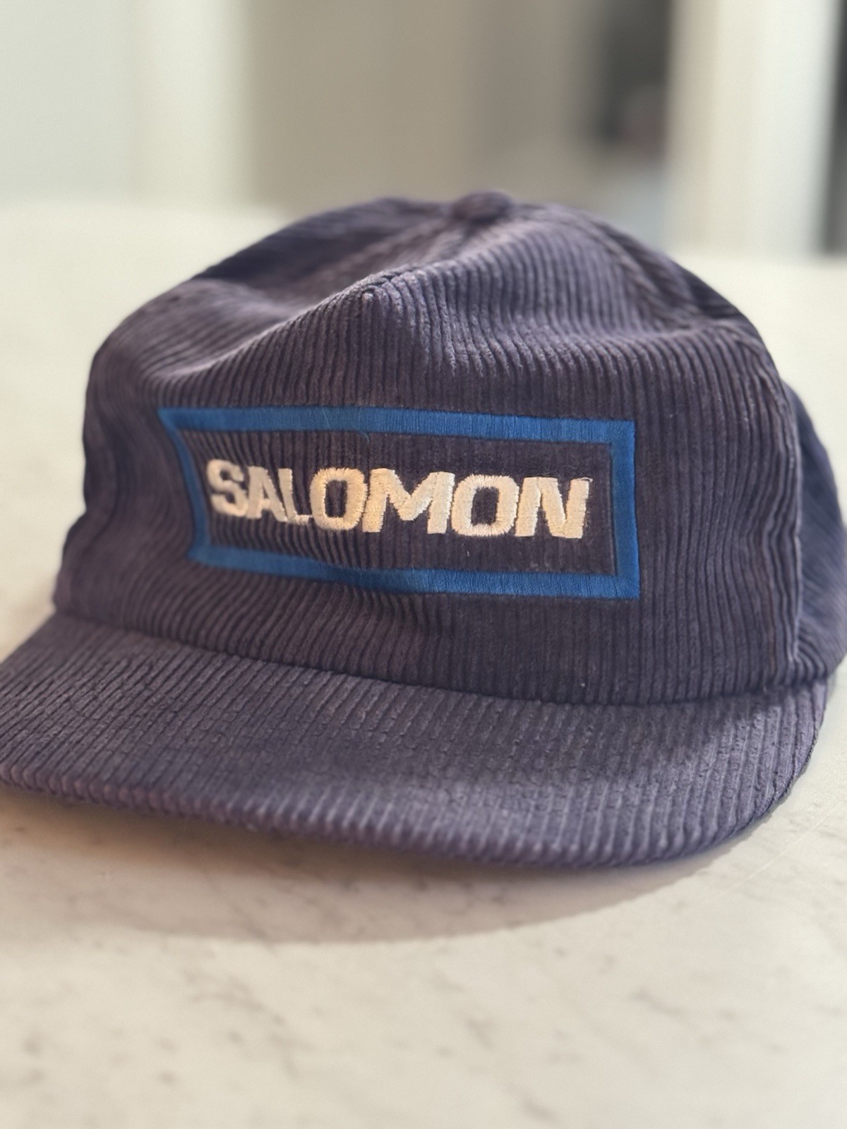Cappello vintage Salomon in velluto a coste Ted Fletcher berretto da sci snowboard snapback blu navy e blu