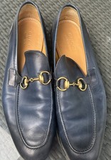 Gucci Mens Jordaan  Horsebit Loafer Leather Navy Blue Sz 8.5 Italy