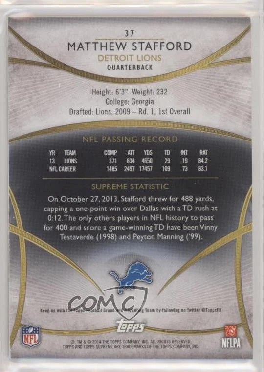 2014 Topps Supreme Violet /99 Matthew Stafford #37 - Image 2 of 2